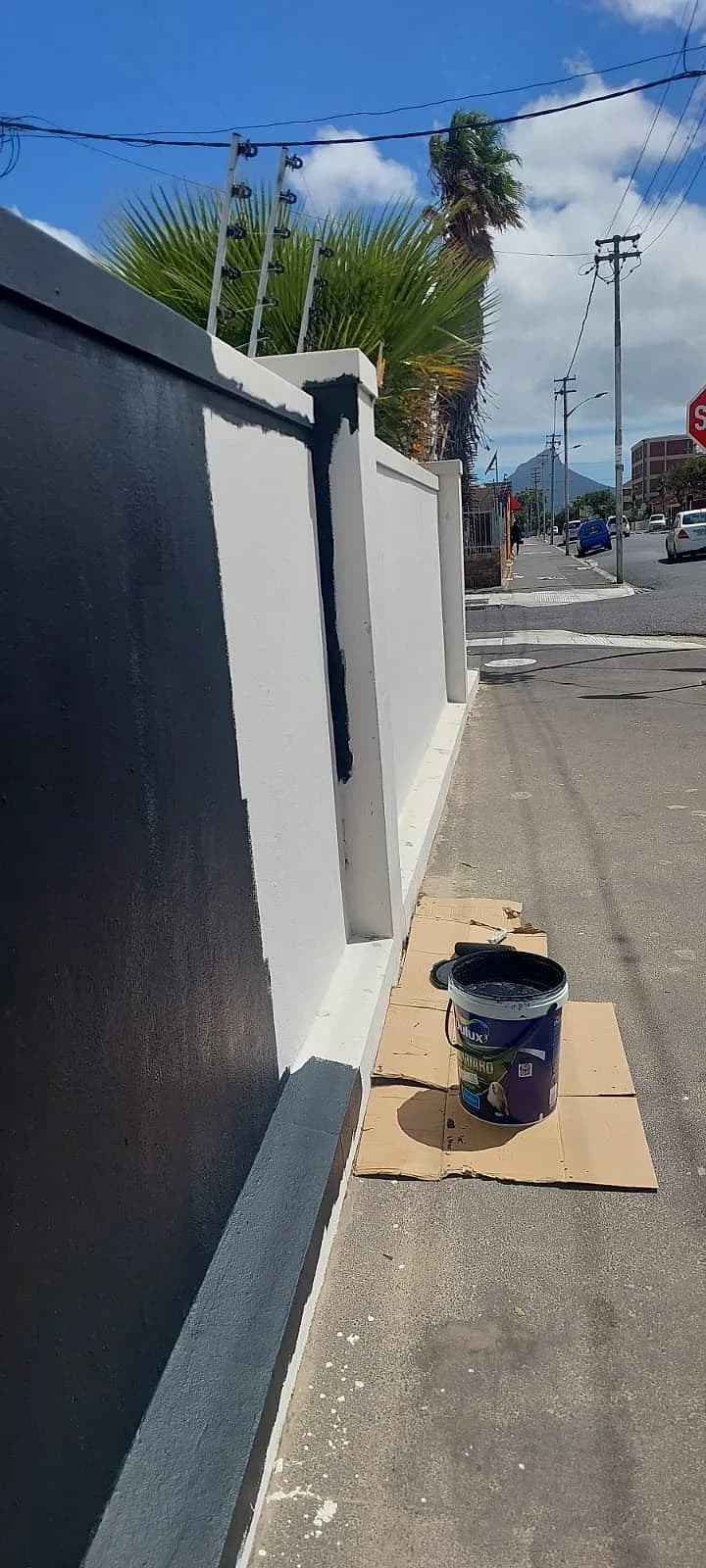Boundary wall repaint in progress with paint and drop sheets